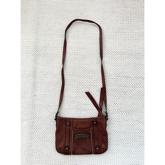 B Makowsky Cognac Tan Slim Small Crossbody Bag Silver Metal Banner Name Hardware - Picture 11 of 11